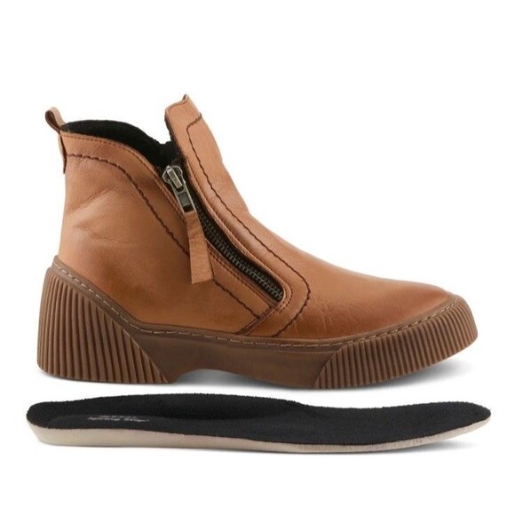 SPRING STEP KELKO Zip Flat Ankle BOOTS Bootie Leather Tan Sz 41 Us 9.5 10 - Picture 2 of 14